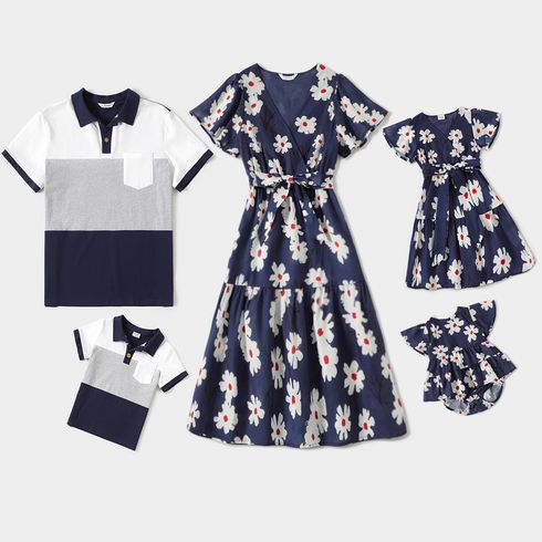 Family Matching All Over Daisy Floral Print V Neck Ruffle Short-sleeve Dresses and Colorblock Polo Shirts Sets