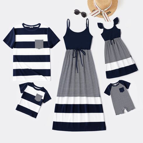 Family Matching Dark Blue Striped Spaghetti Strap Maxi Dresses and Short-sleeve T-shirts Sets