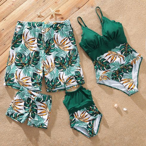 Family Matching Allover Plants Print Swim Trunks Shorts and V Neck Spaghetti Strap Splicing One-Piece Swimsuit