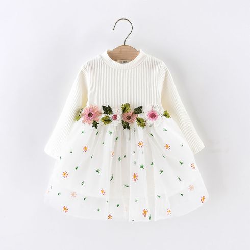 Baby Girl White Ribbed Long-sleeve Splicing Floral Embroidered Mesh Dress