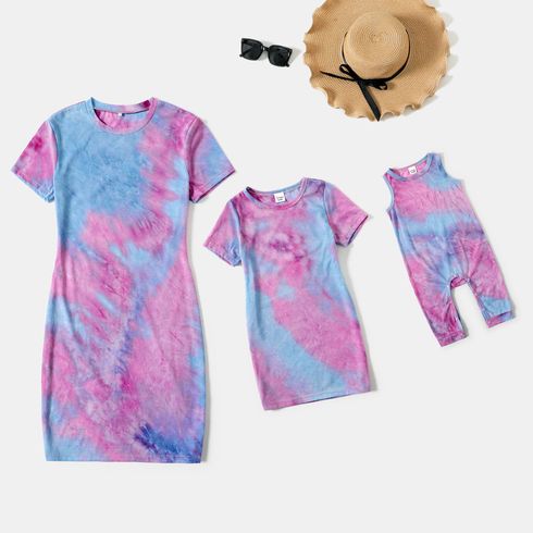 Tie Dye Round Neck Short-sleeve Bodycon T-shirt Dress for Mom and Me