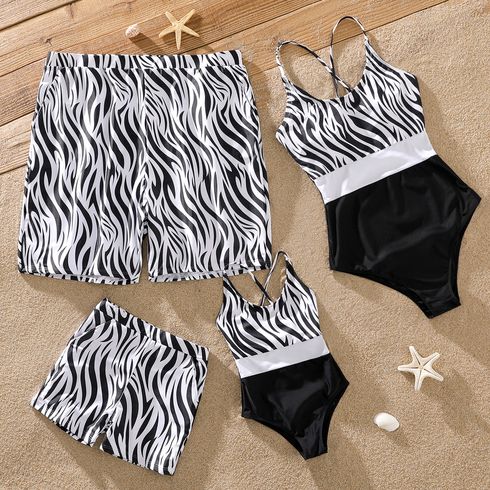 Family Matching Zebra Print Swim Trunks Shorts and Spaghetti Strap Colorblock One-Piece Swimsuit