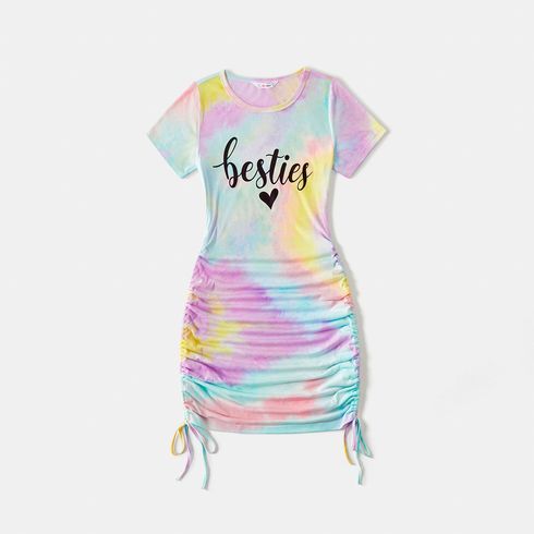 Letter Print Tie Dye Short-sleeve Drawstring Ruched Bodycon Dress for Mom and Me Colorful big image 5