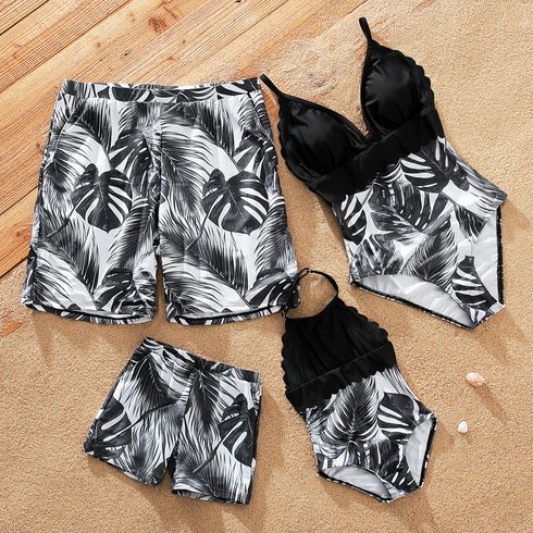 Family Matching All Over Black Tropical Plant Print Swim Trunks Shorts and Spaghetti Strap Splicing One-Piece Swimsuit