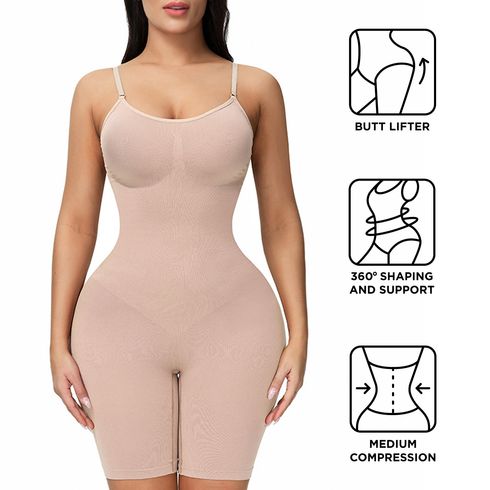Women High-Rise Tummy Control Shapewear Seamless Bodysuit Butt Lifter Bodysuit Mid Thigh Body Shaper Shorts (Without Chest Pad)