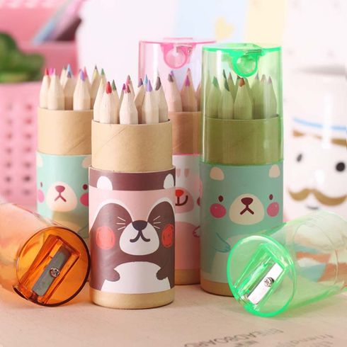 12-Colors Colored Pencils Cute Little Bear Drawing Painting Coloring Small Pencil Kid Adult Office School Student Stationery Supply