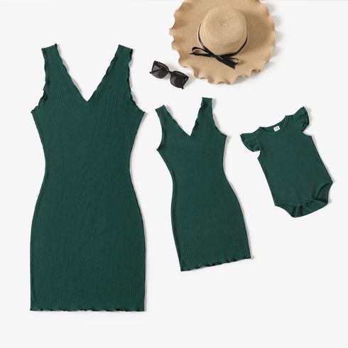 Dark Green Cotton Ribbed V Neck Sleeveless Bodycon Dress for Mom and Me