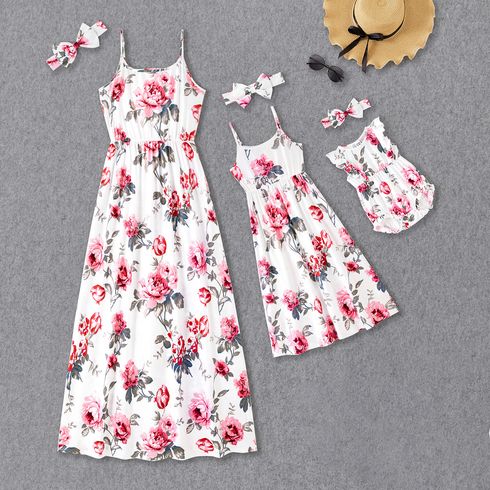 All Over Pink Floral Print Spaghetti Strap Maxi Dress for Mom and Me