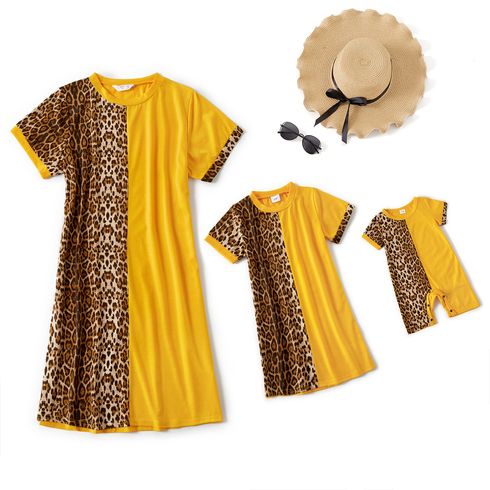 Leopard Splicing Short-sleeve Round Neck T-shirt Dress for Mom and Me