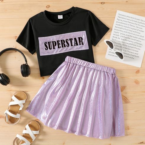 2pcs Kid Girl Letter Print Short-sleeve Black Tee and Glitter Metallic Skirt Set