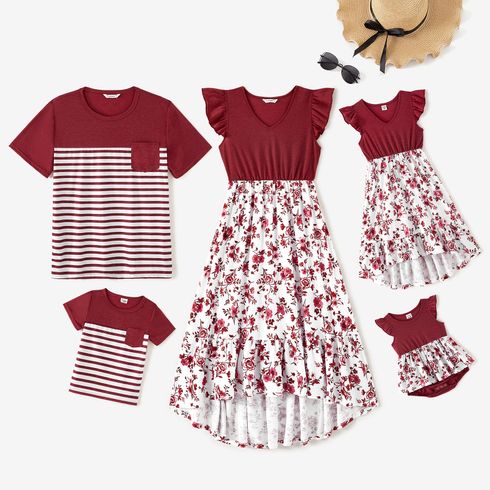 Family Matching Solid and Floral Print Splicing Flutter-sleeve Irregular Hem Dresses and Striped Short-sleeve T-shirts Sets