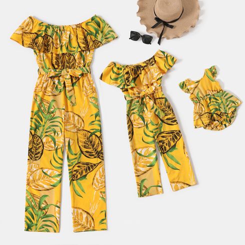 All Over Plants Print Yellow Off Shoulder Strapless Ruffle Belted Jumpsuit for Mom and Me