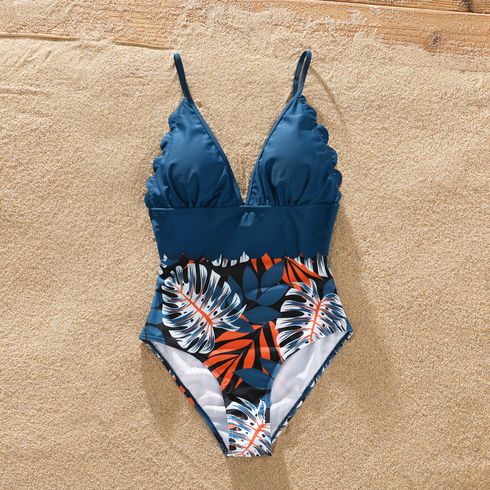 Family Matching Solid Splicing Palm Leaf Print Spaghetti Strap One-Piece Swimsuit and Swim Trunks Shorts Blue big image 3