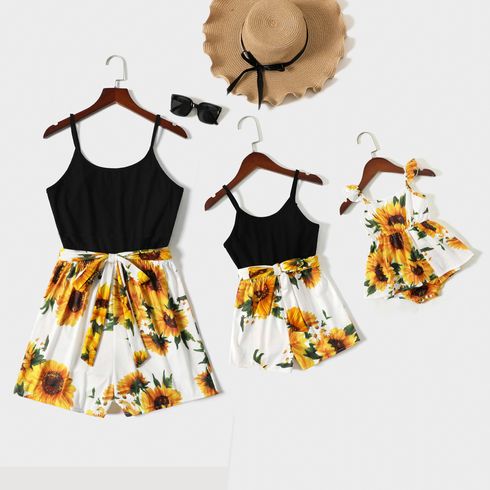 Solid and Sunflower Floral Print Splicing Spaghetti Strap Romper for Mom and Me
