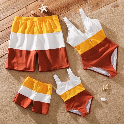 Family Matching Colorblock V Neck One-Piece Swimsuit and Swim Trunks Shorts