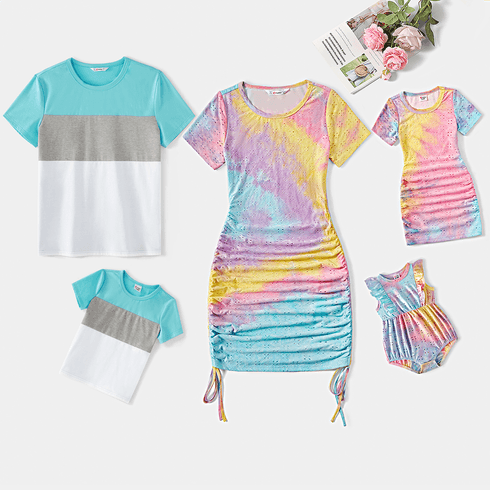 Family Matching Hollow Out Tie Dye Short-sleeve Drawstring Ruched Bodycon Dresses and Colorblock T-shirts Sets