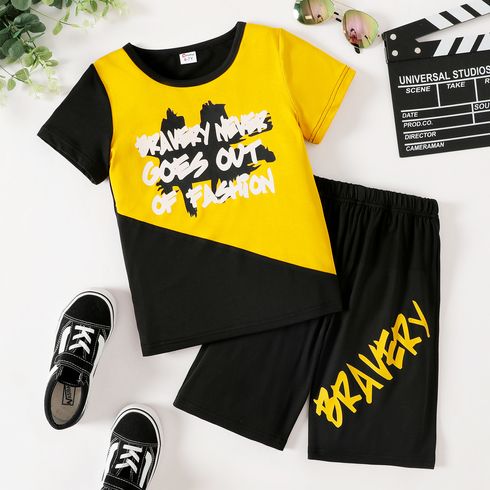 2pcs Kid Boy Casual Letter Print Colorblock Short-sleeve Tee and Elasticized Shorts Set