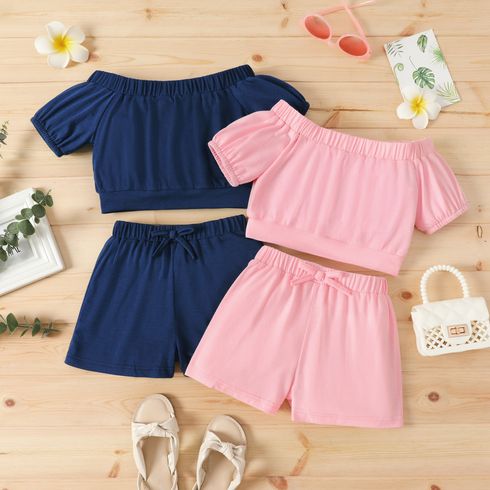 2pcs Kid Girl Solid Color Off Shoulder Short-sleeve Tee and Bowknot Design Shorts Set