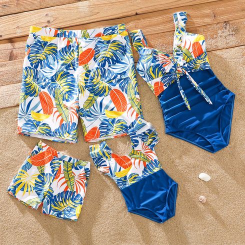 Family Matching All Over Tropical Plant Print Splicing One-Piece Swimsuit and Swim Trunks Shorts