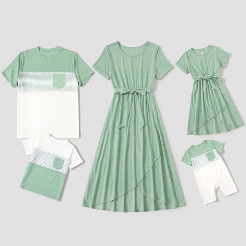 Family Matching Green Short-sleeve Tulip-Hem Dresses and Colorblock T-shirts Sets
