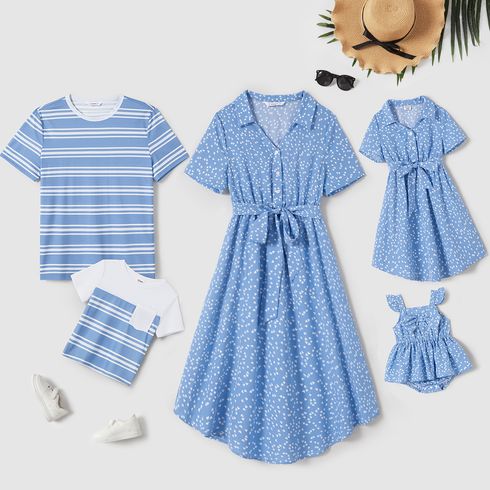 Family Matching Allover Love Heart Print V Neck Short-sleeve Belted Dresses and Short-sleeve Tops Sets