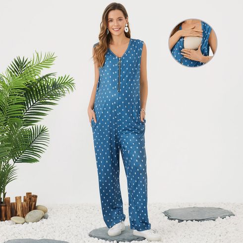 Maternity Allover Print Zip Half Placket Blue Jumpsuit