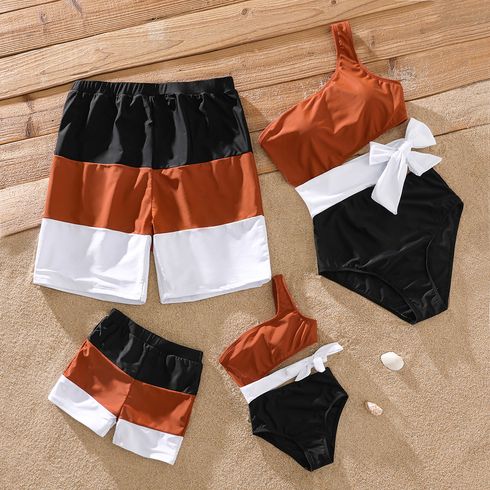 Family Matching Colorblock One Shoulder Cut Out One-Piece Swimsuit and Swim Trunks Shorts
