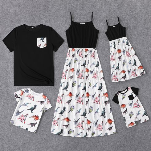 Family Matching Allover Dinosaur Print Spliced Black Cami Dresses and Short-sleeve T-shirts Sets