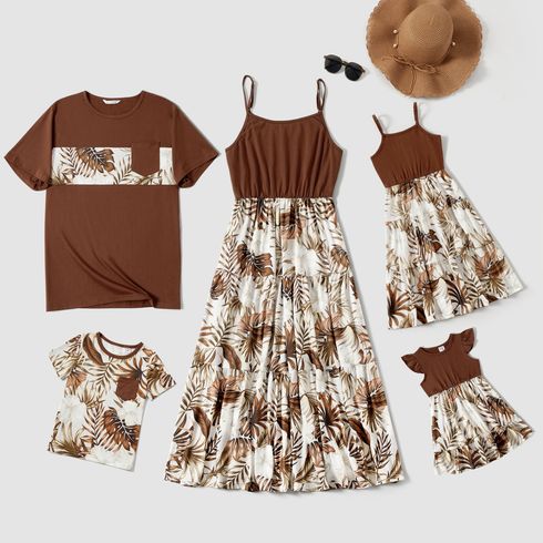 Family Matching Solid Spliced Palm Leaf Print Cami Dresses and Short-sleeve T-shirts Sets