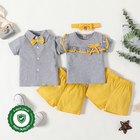 100% Cotton 3pcs Ruffle and Bow Decor or Bow Tie Lapel Collar Short-sleeve Grey Top and Solid Yellow Shorts Baby Set