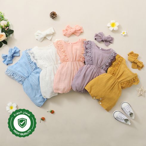 2pcs Baby Girl 95% Cotton Lace Flutter-sleeve Romper with Headband Set