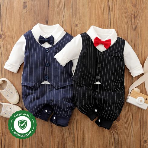 100% Cotton Stripe Print Bow Tie Decor Long-sleeve Baby Jumpsuit