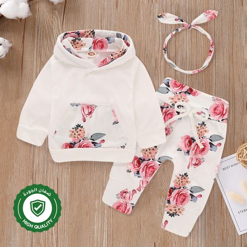 3pcs Baby Girl 95% Cotton Long-sleeve Hoodie and Floral Print Pants with Headband Set