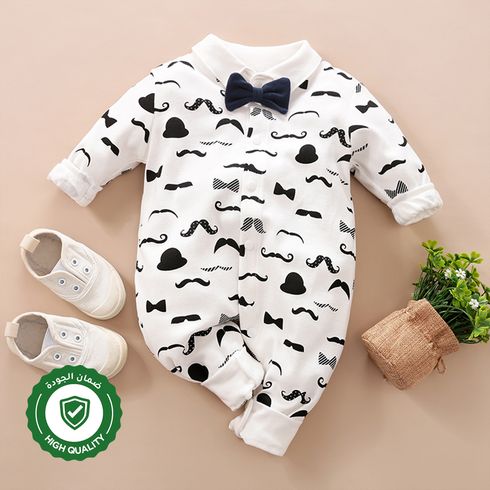 100% Cotton Moustache Pattern Bow Tie Decor Long-sleeve Baby Jumpsuit