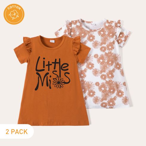 2-Pack Cotton Toddler Girl Floral/Letter Print Ruffled Short-sleeve Dress