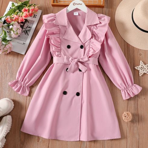 Kid Girl Ruffled Lapel Collar Double Breasted Long-sleeve Pink Trench Coat Dress