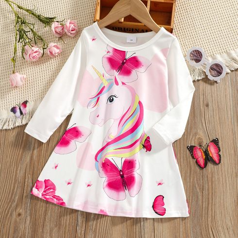 Kid Girl Unicorn Butterfly Print Long-sleeve Dress
