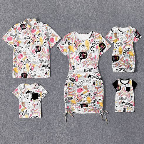 Family Matching Allover Print Drawstring Ruched Bodycon Dresses and Short-sleeve Tops Sets