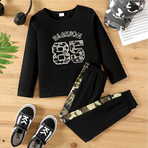 2pcs Kid Boy Letter Number Print Long-sleeve Black Tee and Camouflage Print Colorblock Pants Set