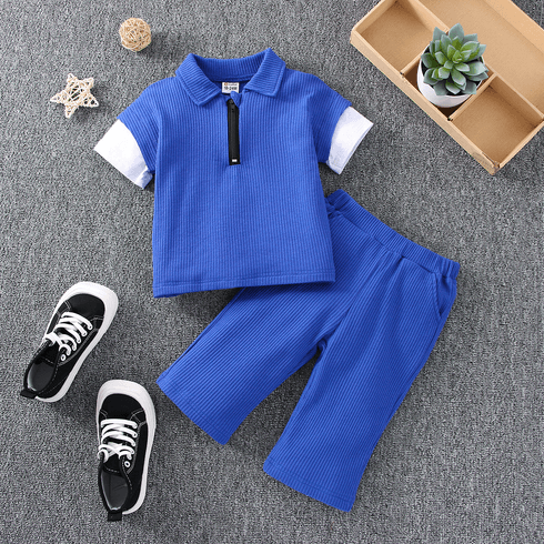 2pcs Toddler Boy Trendy Faux-two Zipper Lapel Collar Waffle Tee and Shorts Set
