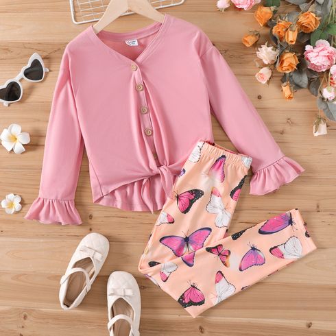 2pcs Kid Girl V Neck Tie Knot High Low Long-sleeve Pink Tee and Butterfly Print Leggings Set