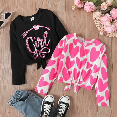 Kid Girl Letter/Heart Print Tie Knot Long-sleeve Tee