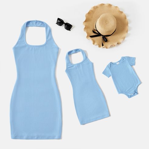 Blue Rib Knit Halter Backless Sleeveless Bodycon Dress for Mom and Me