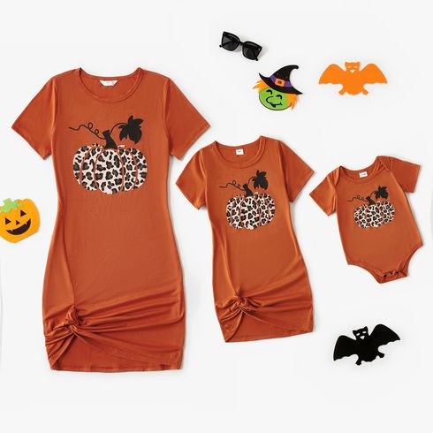 Halloween Leopard Pumpkin Print Short-sleeve Twist Knot Bodycon T-shirt Dress for Mom and Me
