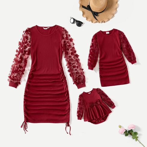 Mommy and Me 3D Floral Applique Mesh Long-sleeve Rib Knit Drawstring Ruched Bodycon Dress