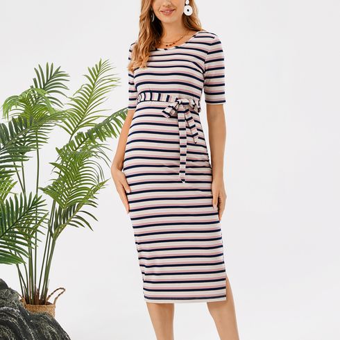 Maternity Stripe Belted Short-sleeve Dress