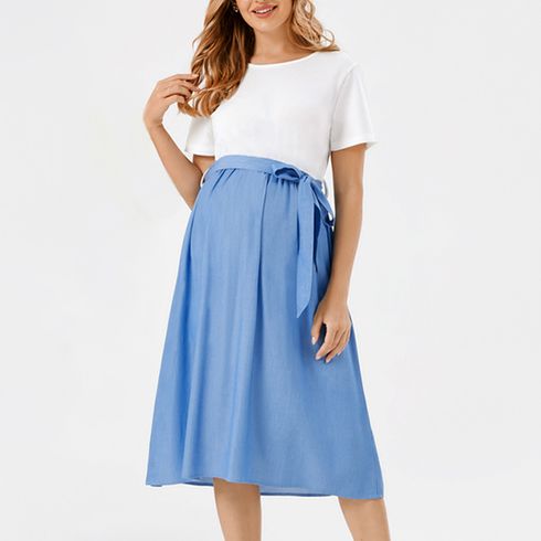 Maternity Two Tone Short-sleeve Belted Dress