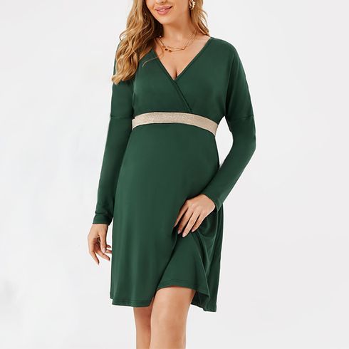 الأمومة الخصر مشد فستان أخضر طويل الأكمام