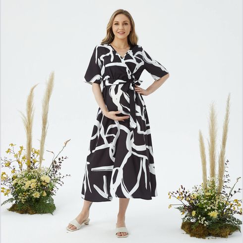 Nursing Geometric Pattern Short-sleeve Wrap Belted Dress
