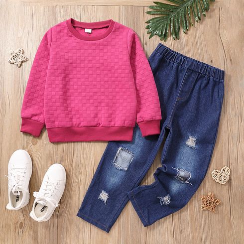 2pcs Kid Girl Textured Pink Sweatshirt and Ripped Denim Jeans Set